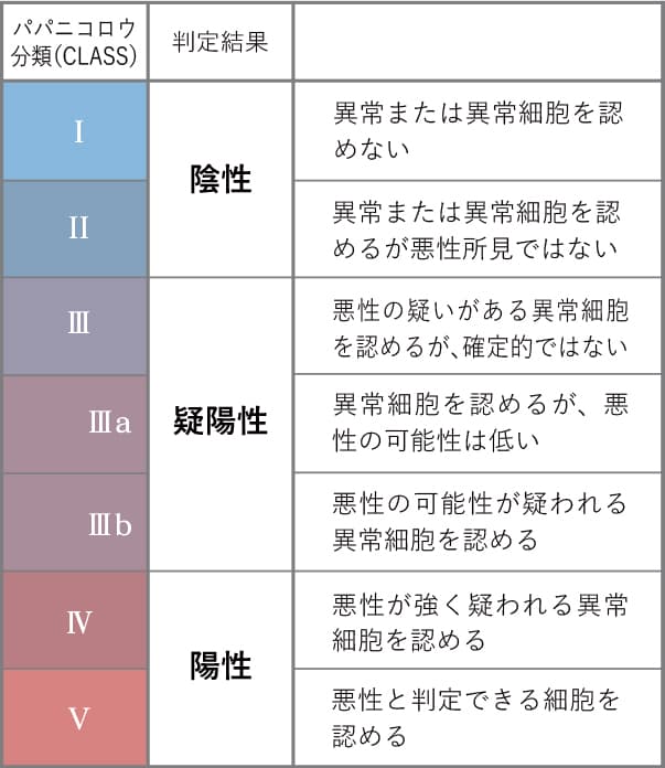 パパニコロウ分類（CLASS）の判定結果一覧。