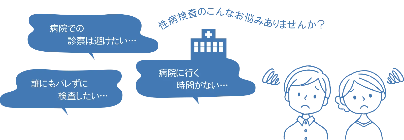 病院での診察は避けたい、誰にもバレずに検査したい、病院に行く時間がないなど、性病検査のお悩みはありませんか