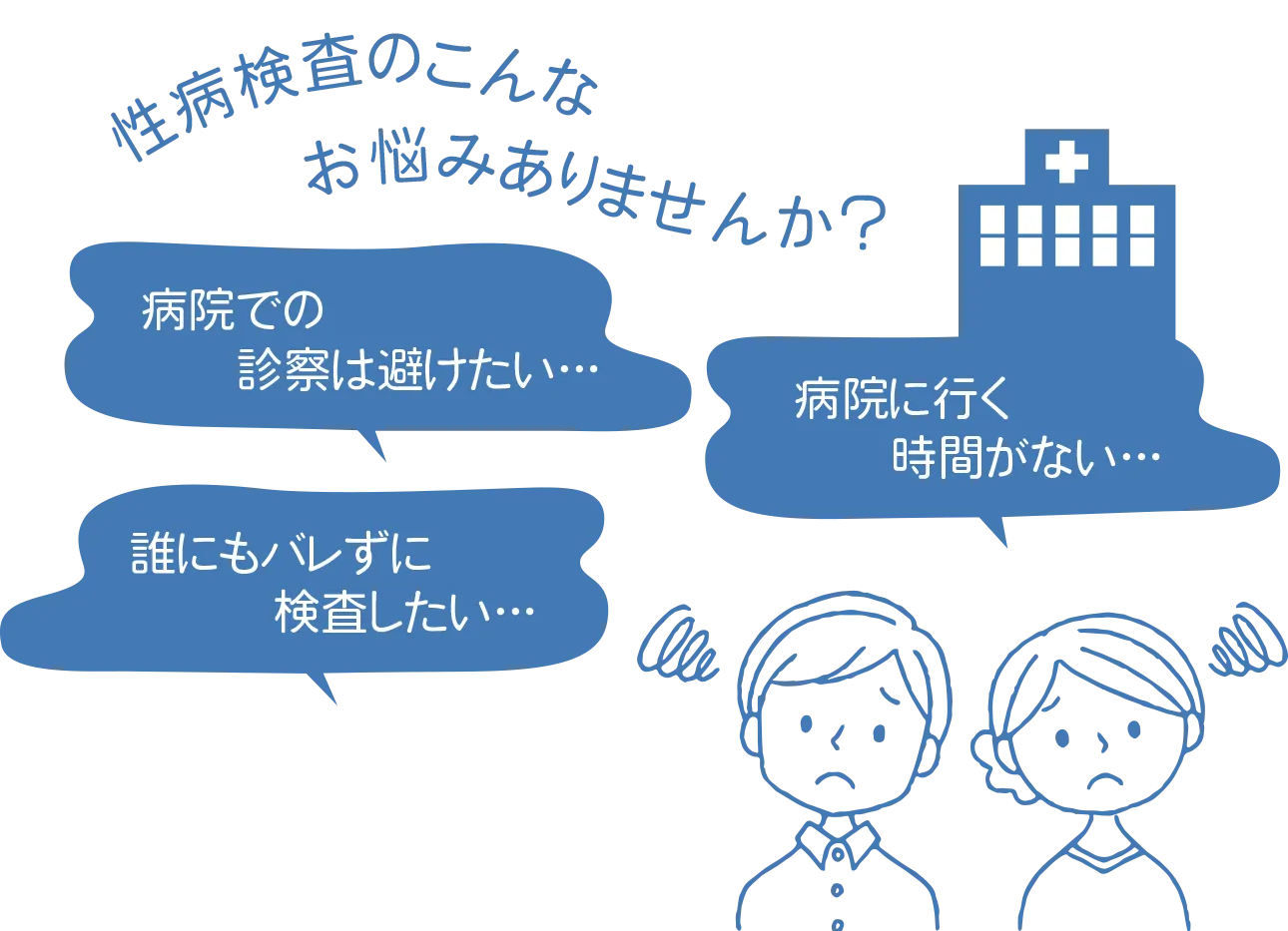 病院での診察は避けたい、誰にもバレずに検査したい、病院に行く時間がないなど、性病検査のお悩みはありませんか