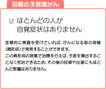 ほとんどの人が自覚症状はありません。定期的に検査を受けていれば、がんになる前の段階（異形成）で発見することができます。この異形成の段階で治療を行えば、子宮を摘出することなく完治できるため、その後の妊娠や出産にもほとんど影響はありません。