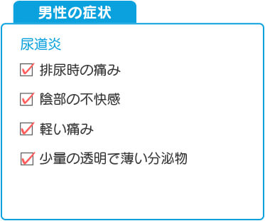 マイコプラズマ・ジェニタリウム男性の症状は排尿時の痛み、陰部の不快感や軽い痛み、少量の透明で薄い分泌物が特徴的です。