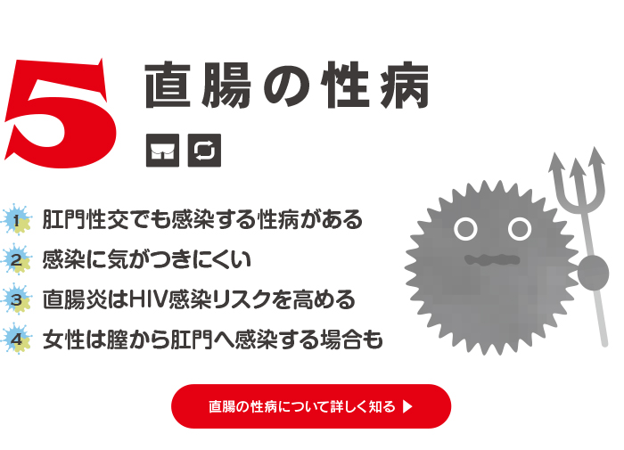 直腸の性病：肛門性交でも感染する性病がある、感染に気がつきにくい、直腸炎はHIV感染リスクを高める、女性は膣から肛門へ感染する場合も