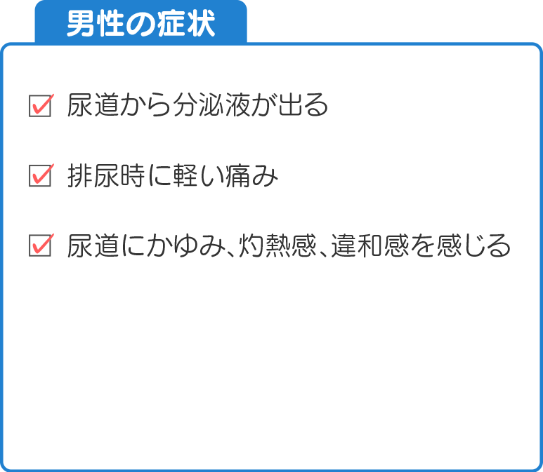 男性の症状。尿道から分泌液が出る、排尿時に軽い痛み、尿道にかゆみ、灼熱感、違和感を感じる