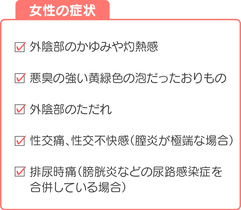 女性の症状。外陰部のかゆみや灼熱感、悪臭の強い黄緑色の泡だったおりもの、外陰部のただれ、性交痛、性交不快感（膣炎が極端な場合）、排尿時痛（膀胱炎などの尿路感染症を合併している場合）