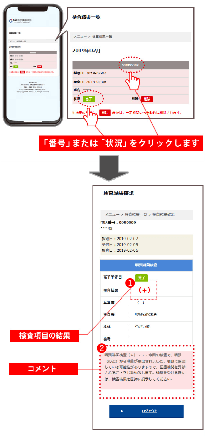 スマホで見た時の検査結果画面